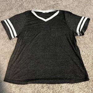 OMSJ Womens XXL Gray V Neck T Shirt Striped Sleeve Pocket Casual Loose Fit